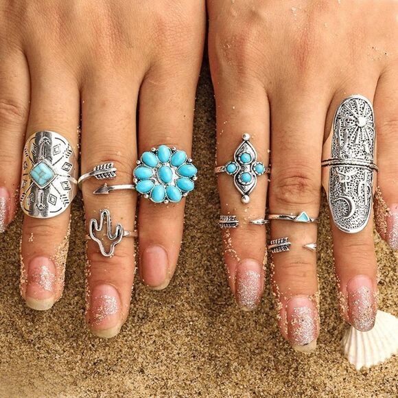 SILVER TURQUOISE BOHO WESTERN TRIBAL RINGS - 9 PIECE SET - Picture 5 of 5